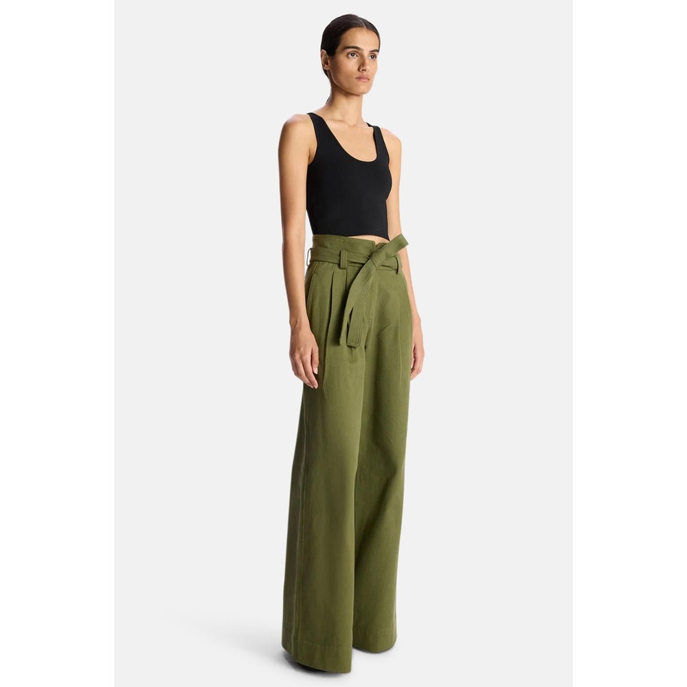ALC Emily Belted Twill Pants Green High Waist Wide Leg‎ Cotton Trousers 4 NEW